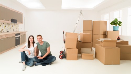 Packed boxes and furniture ready for a home move in North London